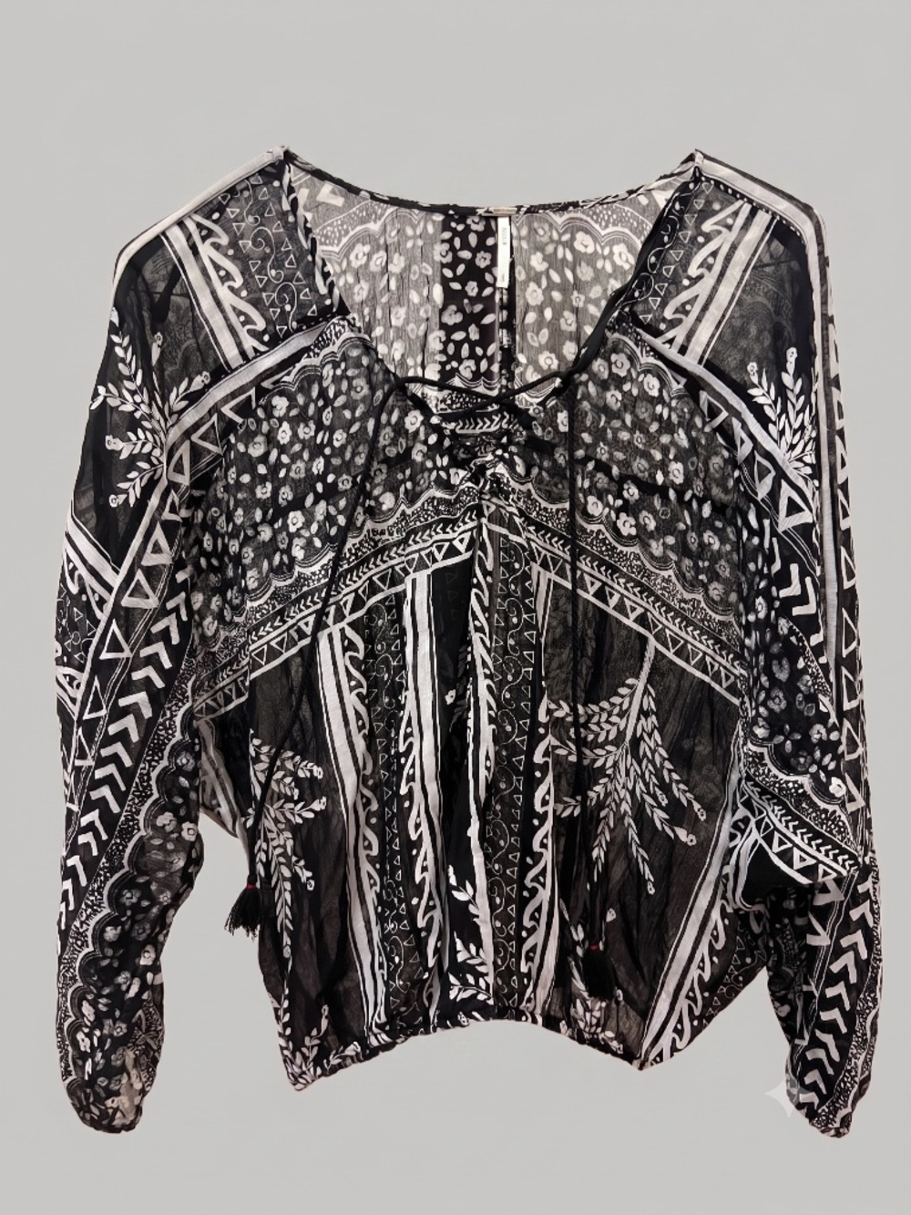 Free People Black White Boho Mixed Print Lace Up Tassel Blouse Size M